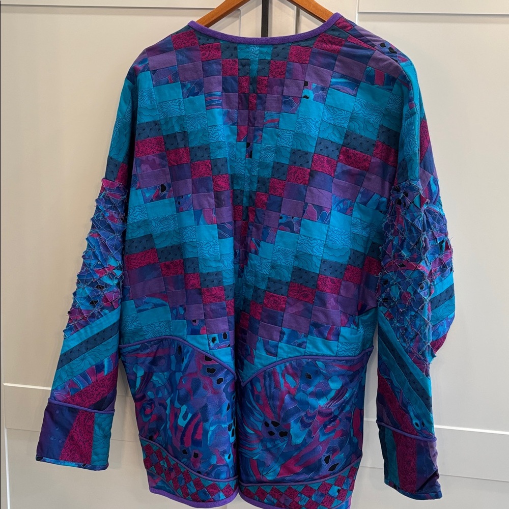 Boho Patchwork Open-Front Women's Sweater Jacket in Teal & Purple - Picture 9 of 9